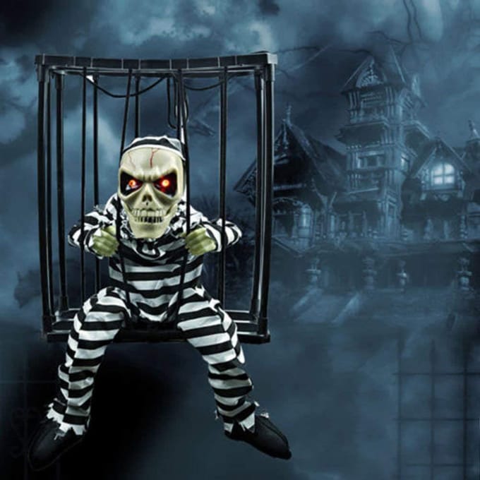 Halloween Eng Schreeuwend Geanimeerd Skelet Kooi Gevangene met Oplichtende Ogen Spookhuis Requisieten Average code black