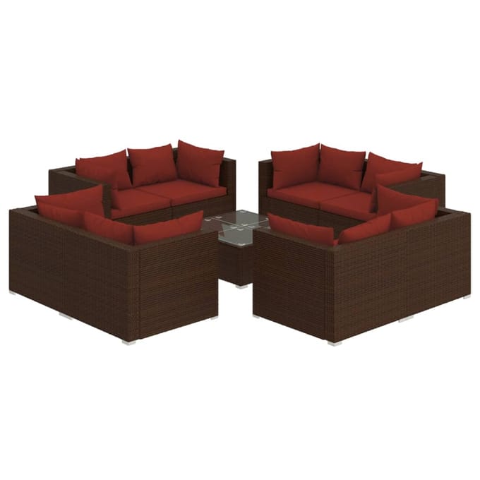 vidaXL - 9-delige - Loungeset - met - kussens - poly - rattan - bruin