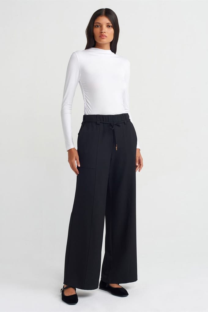 Wijde Woven Broek met Elastische Koordtaille
