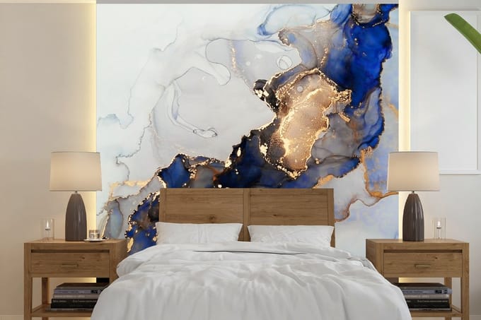 Behang - Fotobehang Marmer - Blauw - Goud - Breedte 220 cm x hoogte 220 cm