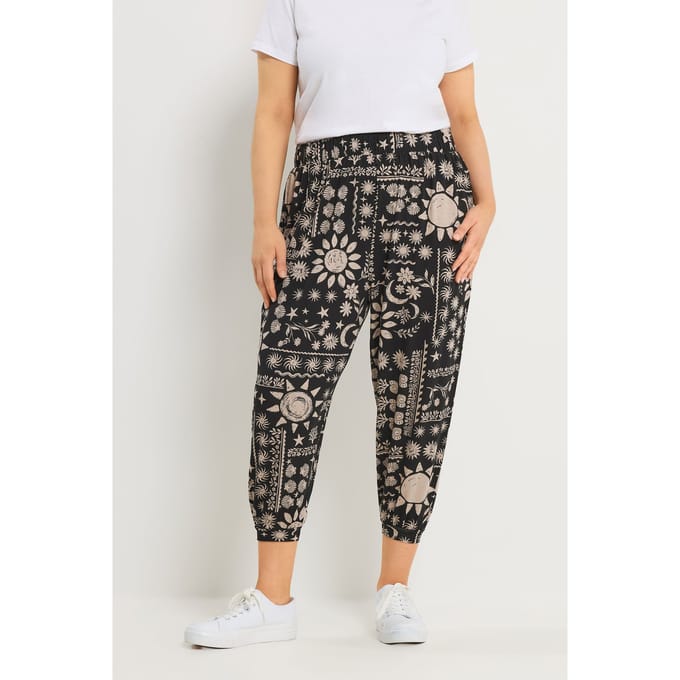 Yours Zwarte Cropped Harembroek Met Hemelprint Size 58-60