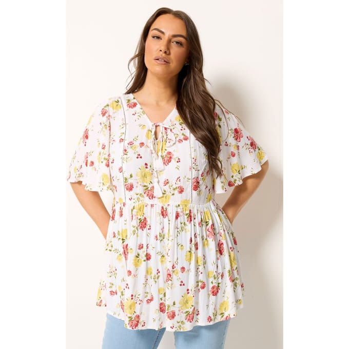 Yours Witte Blouse Met Bloemenprint En Engelenmouwen Size 48