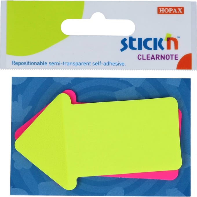Stick'n Sticky Notes - Doorzichtige Notes - Transparant - Pijl Vorm - 76x50mm - Geel/Magenta - 2x 30 Notes