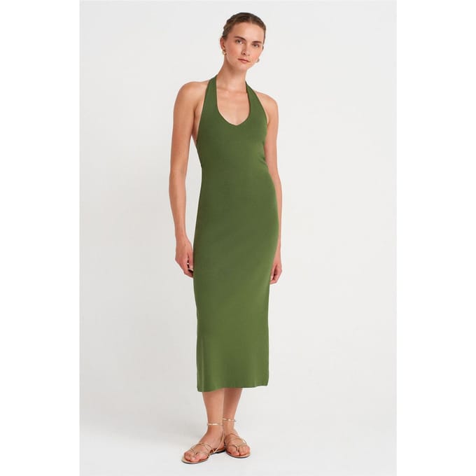 Dames Halter Nek Bodycon Midi Jurk