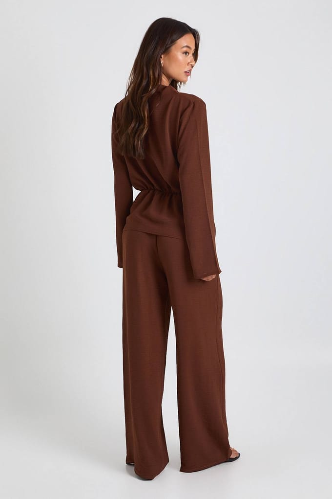 boohoo Dames Lang Geweven Draperende Lange Mouw Blouse & Broek Co-ord | Chocolate | Maat: 12