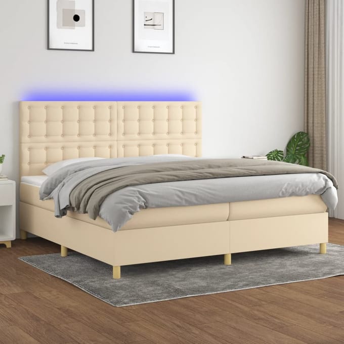 vidaXL - Boxspring - met - matras - en - LED - stof - crèmekleurig - 200x200 - cm