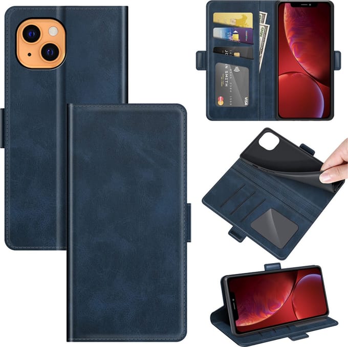 MobyDefend Hoesje - Geschikt voor iPhone 13 - Luxe Wallet Book Case (Sluiting Zijkant) - Blauw