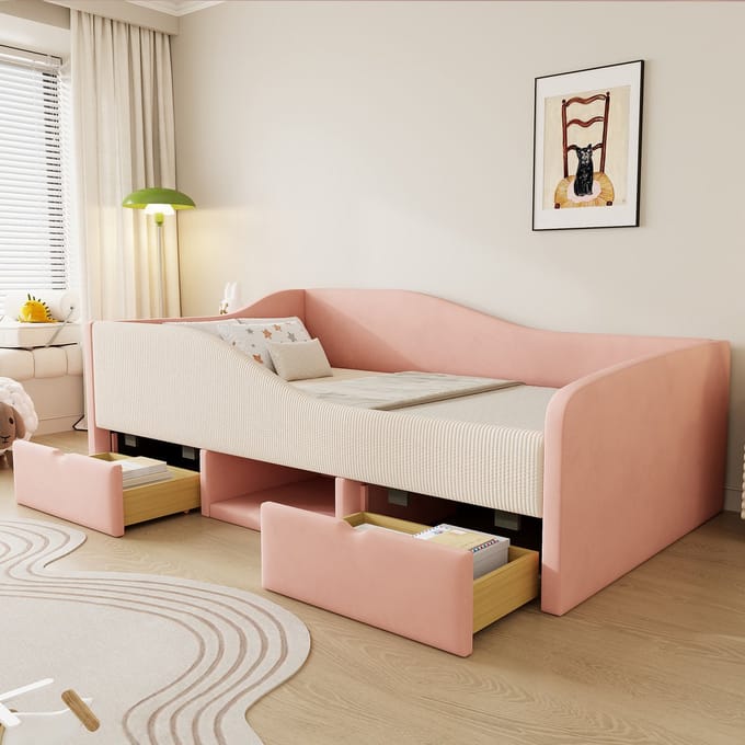 Slaapbank - 90x190 cm - Multifunctioneel Bed - Twee Laden & Hekje - Fluweel - Roze & Crème