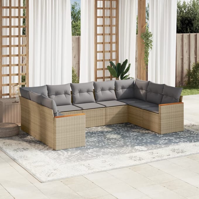 vidaXL - 9-delige - Loungeset - met - kussens - poly - rattan - gemengd - beige