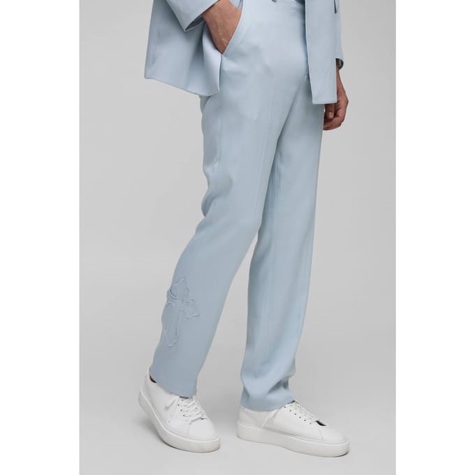 Straight Fit Cross Applique Suit Trouser | Light Blue | Size XS