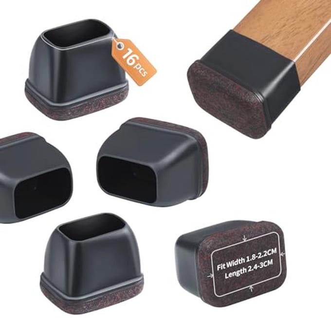 16 Stuks Rectangulaire Silicone Stoelpootdoppen met Vilt - Zwart