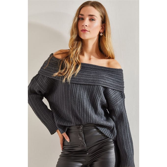 Off Shoulder Geribbelde Gebreide Trui