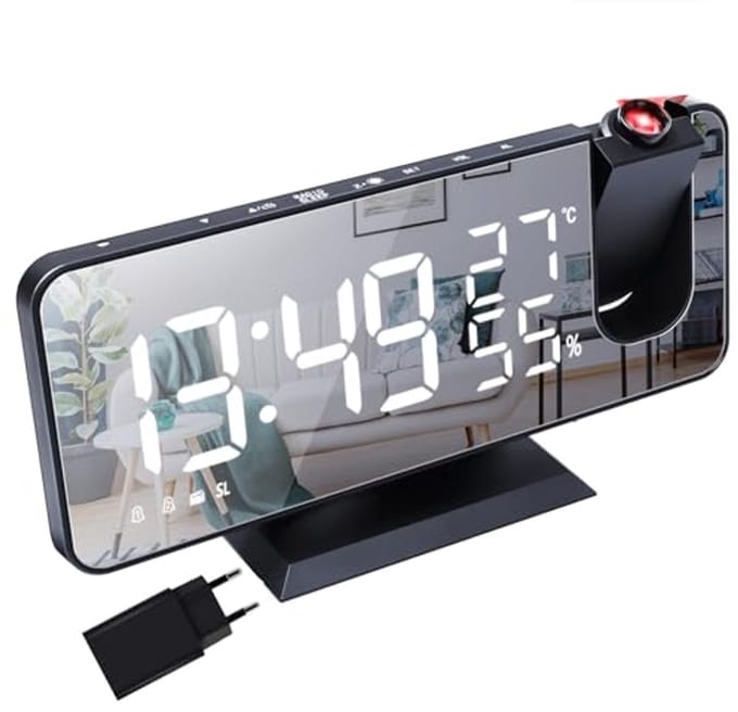 Digitale wekker met projector en spiegel display - radioklok met temperatuur en vochtigheid