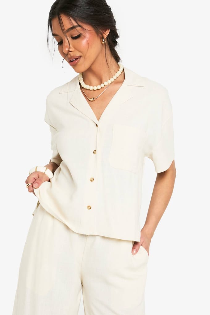 boohoo Dames Premium Linnen Korte Mouwen Overhemd | Steen | Maat: 36