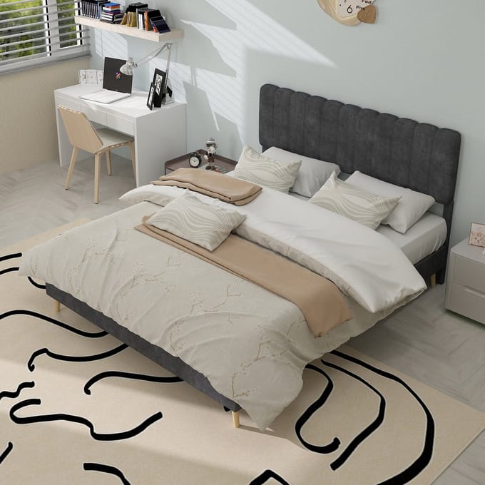 MODFU - Bedframe 140x200 cm – Zacht fluwelen hoofdbord – Platformbed – Grijs