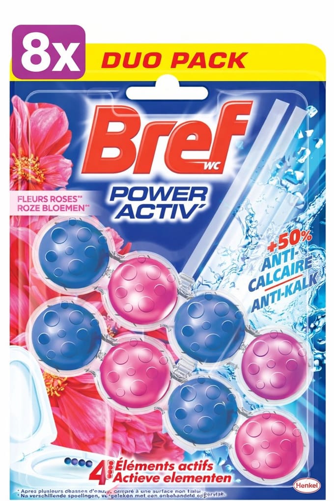 8 x Bref - Toiletblok - Power Activ - Pink Flowers - 2x50g