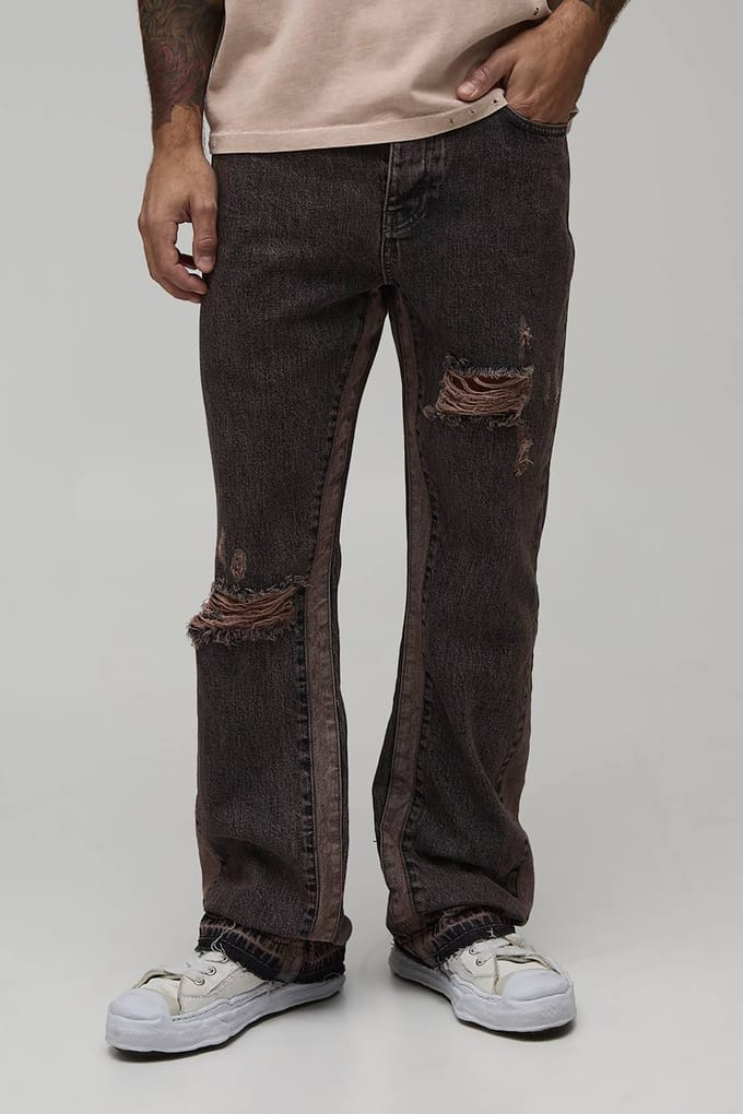 Slim Flare Gewassen Distressed Gusset Paneel Jeans | Stone | Size 42