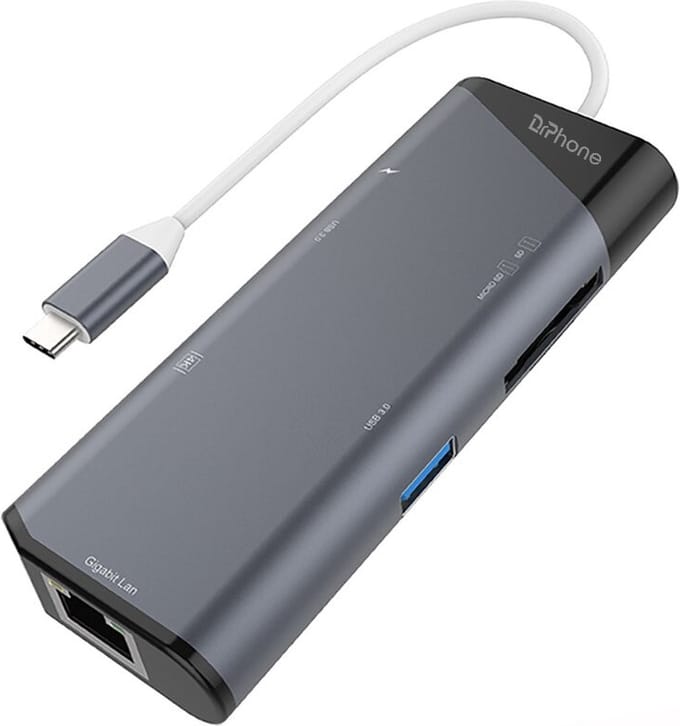 DrPhone CM3 USB-C Hub 7-in-1 – HDMI 4K – Gigabit LAN – 2x USB 3.0 – SD/MicroSD – USB-C PD