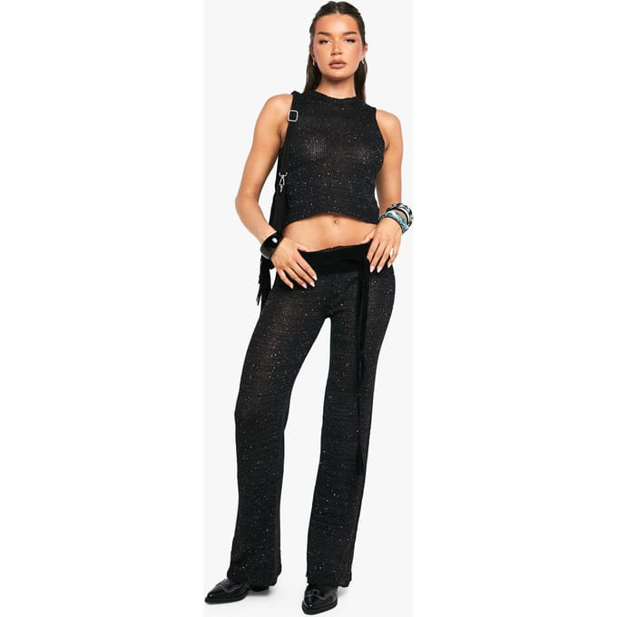 boohoo Dames Sequin Knit Sheer Wide Leg Gebreide Broek | Black | Maat: Medium