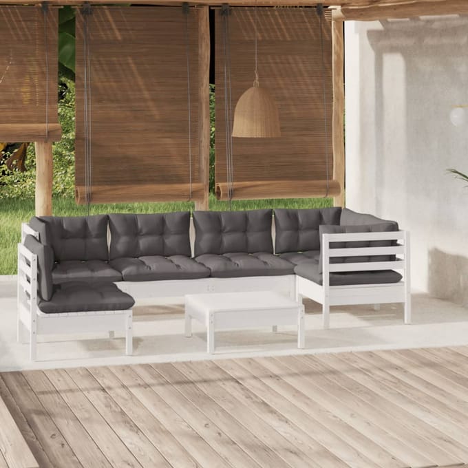 vidaXL - 7-delige - Loungeset - met - kussens - grenenhout - wit
