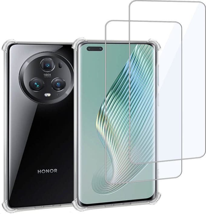 Geschikt voor Honor Magic5 Lite - Hoesje + 2x Screenprotector – Gehard Glas Cover + Shock Proof Case – Transparant
