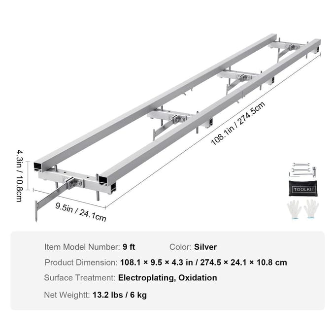 Railzaaggeleidingssysteem 9 ft Kettingzaag Milling Rail Gids 4 Dwarsbalk Kits