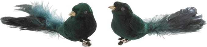 J-Line decoratie Vogel + Clip - velvet - groen - set van 2