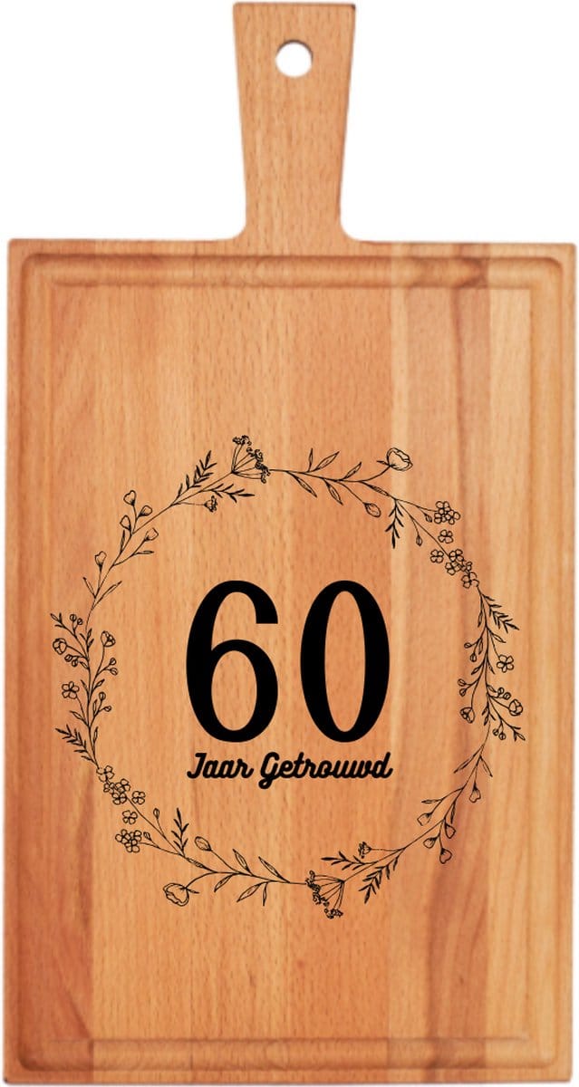 JM Woods - 60 JAAR GETROUWD - Borrelplank met handvat 38 x 20 cm - Serveerplank - Hapjesplank - Kaasplank - Cadeau tip!