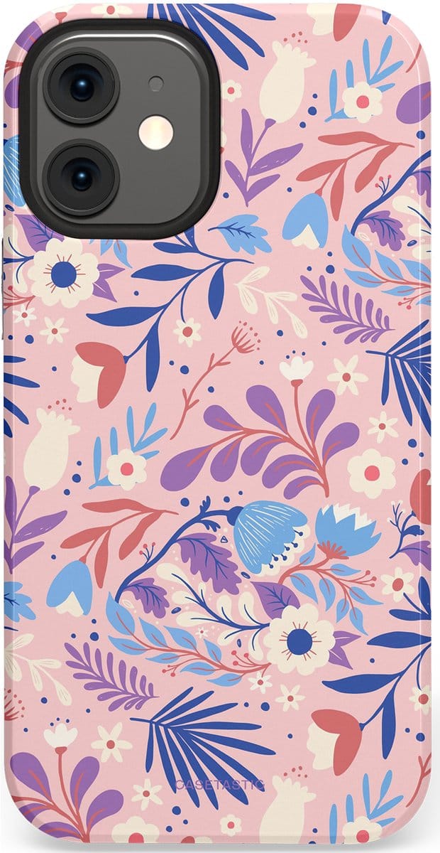 Casetastic hoesje geschikt voor Apple iPhone 12 Mini - Dubbellaagse bescherming - Bloeispel - Fashion Case - Lichtroze Lavendel Crème Lichtgrijs