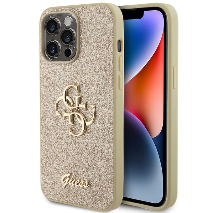 Guess 4G Metal Logo Glitter Backcover voor de Apple iPhone 15 Pro Max - Goud