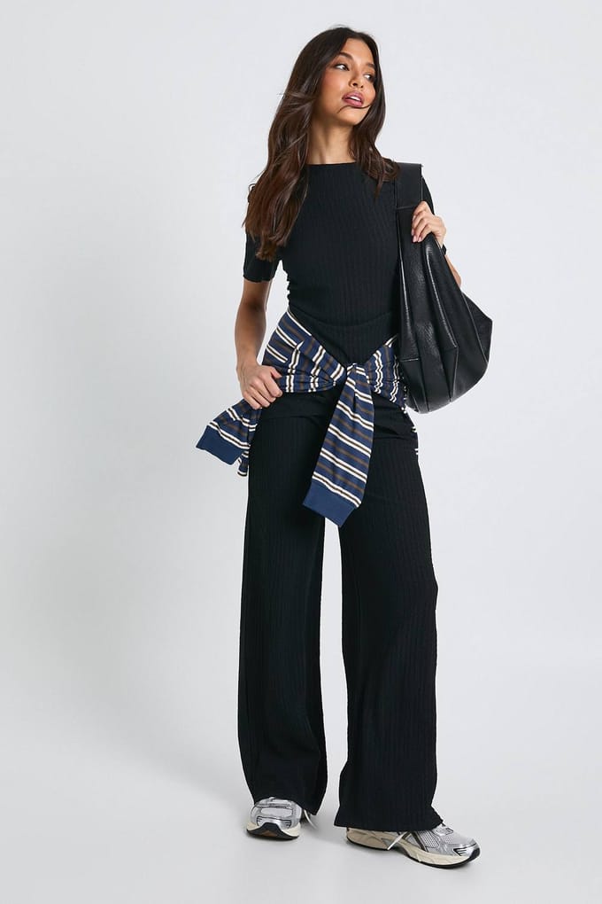 boohoo Dames Getextureerd Wrap voor geplooide taille T-shirt Coord | Black | Maat: 16