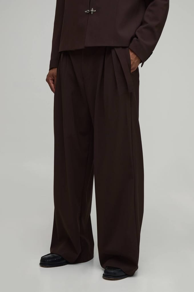 Pantalon De Costume Large À Double Plis Et Ceinture Ajustée | Chocolate | Size 32
