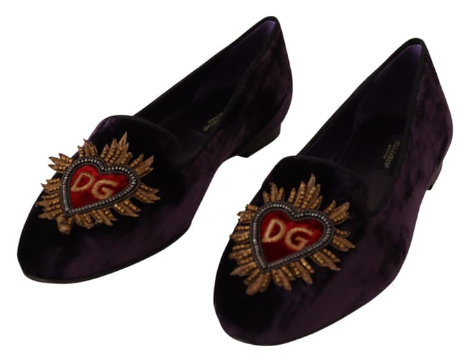 Dolce & Gabbana Dames Paarse Fluwelen DG Hart Instappers Flats Schoenen