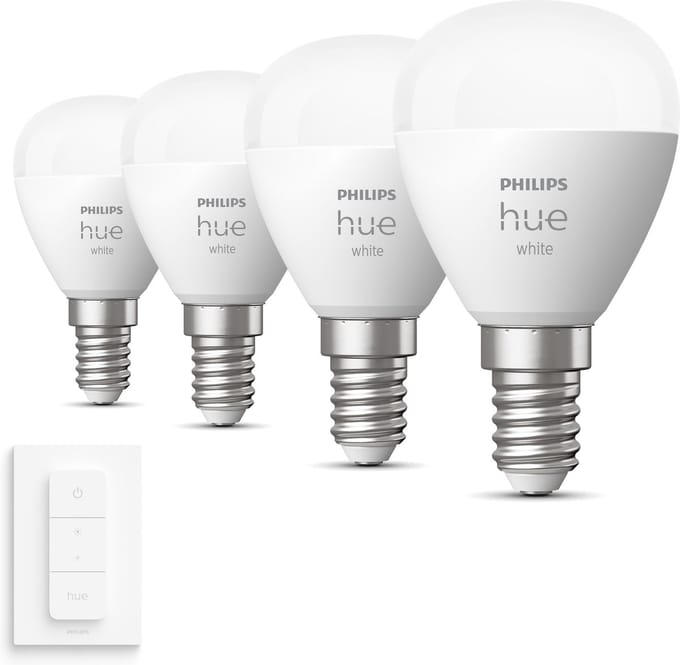 Philips Hue Uitbreidingspakket - E14 - met 4 Kogellampen - Warmwit Licht - Incl. 1 Hue Dimmer Switch - Hue White