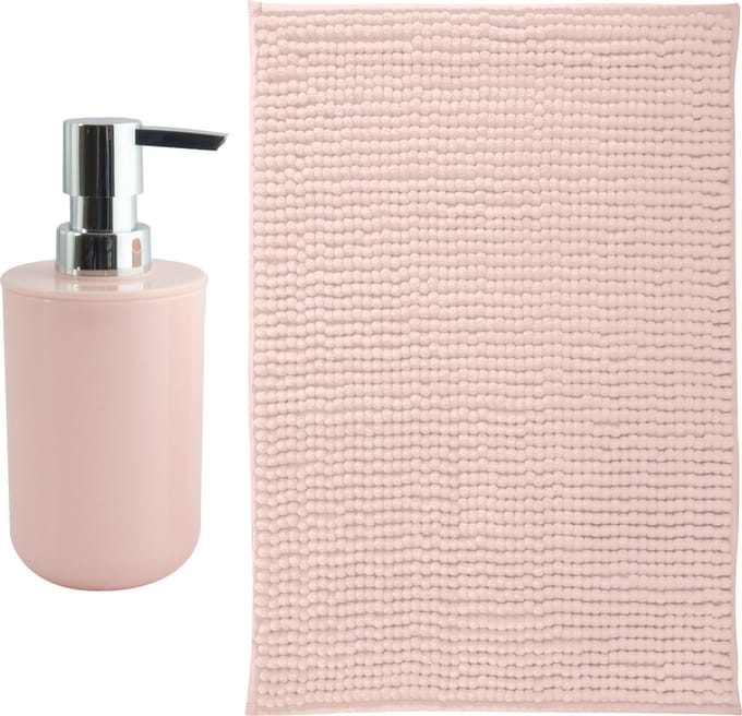 MSV badkamer droogloop mat - Milano - 40 x 60 cm - met bijpassende kleur zeeppompje - lichtroze