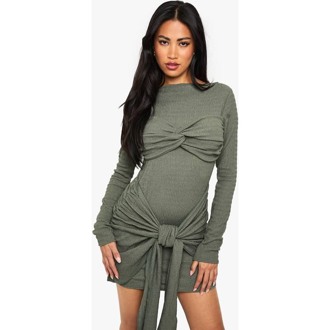 boohoo Dames Getextureerde Wrap Knoop Detail Mini Jurk | Kaki | Maat: 40
