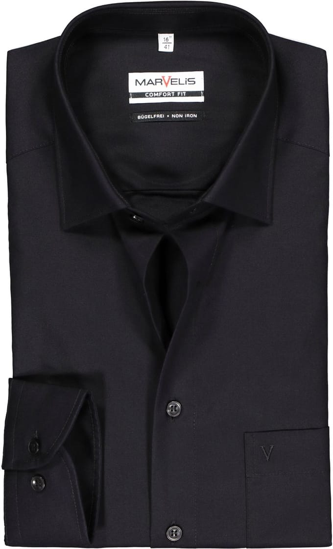 MARVELIS comfort fit overhemd - zwart - Strijkvrij - Boordmaat: 39