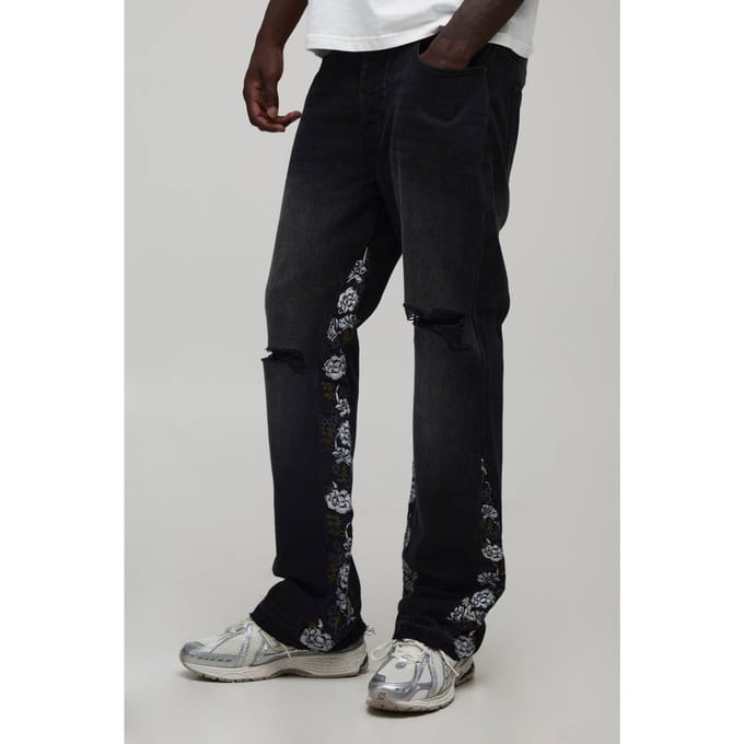 Slim Flared Jeans Met Gescheurde Knieën En Bloemeninserts | Washed Black | Size 36R