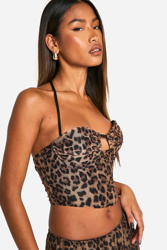boohoo Dames Leopardprint Mesh met Geraffelde Cups en Halterneck Korset | Luipaardprint | Maat: 44