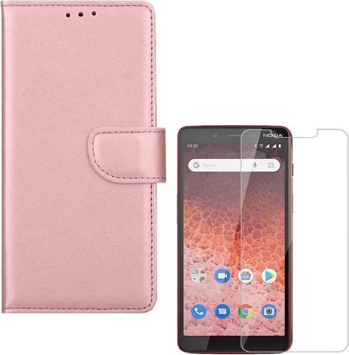 hoesje Geschikt voor: Nokia 1 Plus Portemonnee Rose Goud met 2 stuks Glas Screen protector