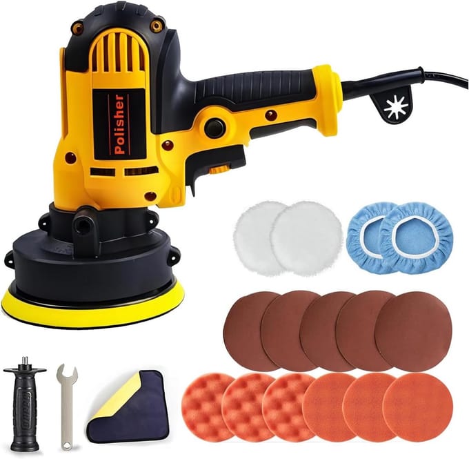 Polijstmachine Set - Schuurmachine - Glans en Onderhoud - Variabele Snelheid - 700W - Zwart Geel