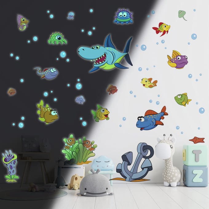 Lichtgevende sticker - ZEEVIS EN HAAI - Fluorescerende muur-/plafondsticker voor kinderen - 95x60cm