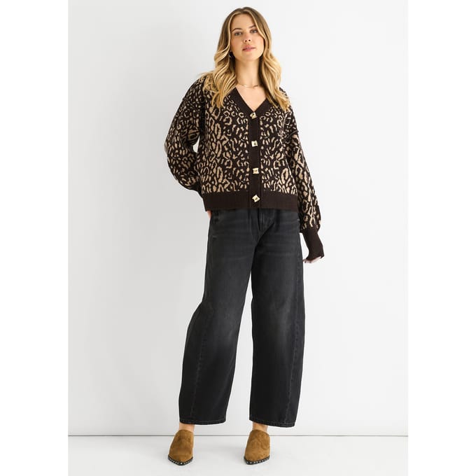 Chocolade Dierenprint Wolmix Cardigan Look Trui