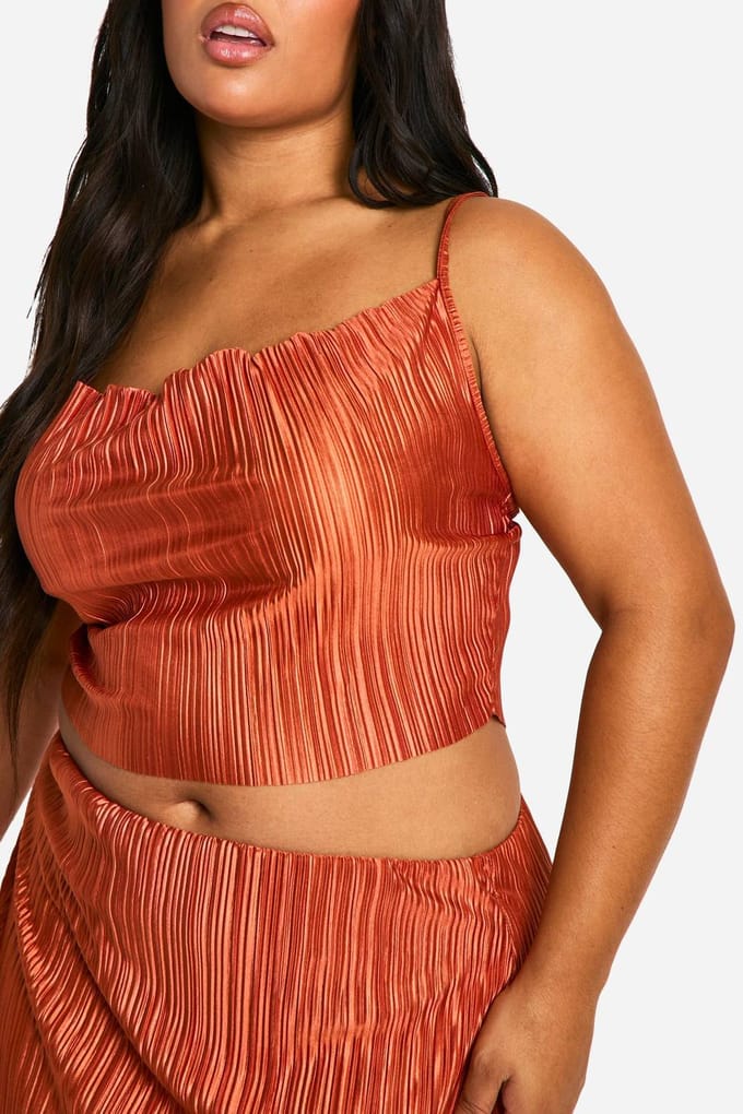 boohoo Dames Plus Plisse Cami Top & Midaxi Rok Co Ord | Roest | Maat: 54