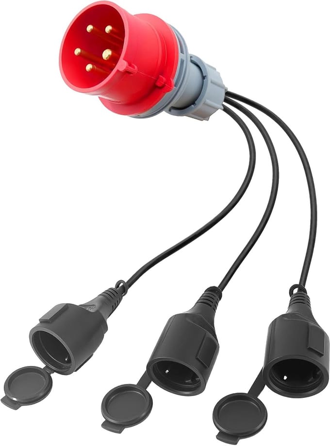 Krachtstroom Adapter CEE 16A naar 3x Schuko Verdeeldoos IP44 voor Caravan en Bouw