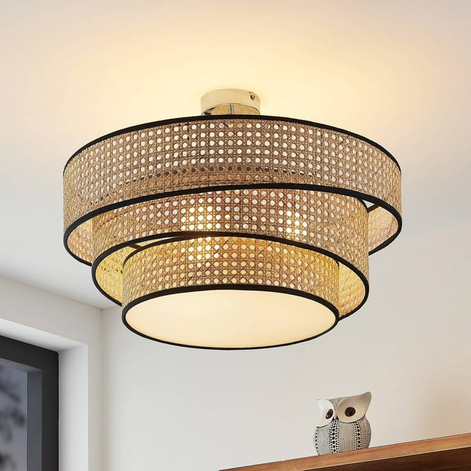 Lucande - plafondlamp - 3lichts - Ijzer, bamboe - H: 24 cm - E27 - licht hout, chroom