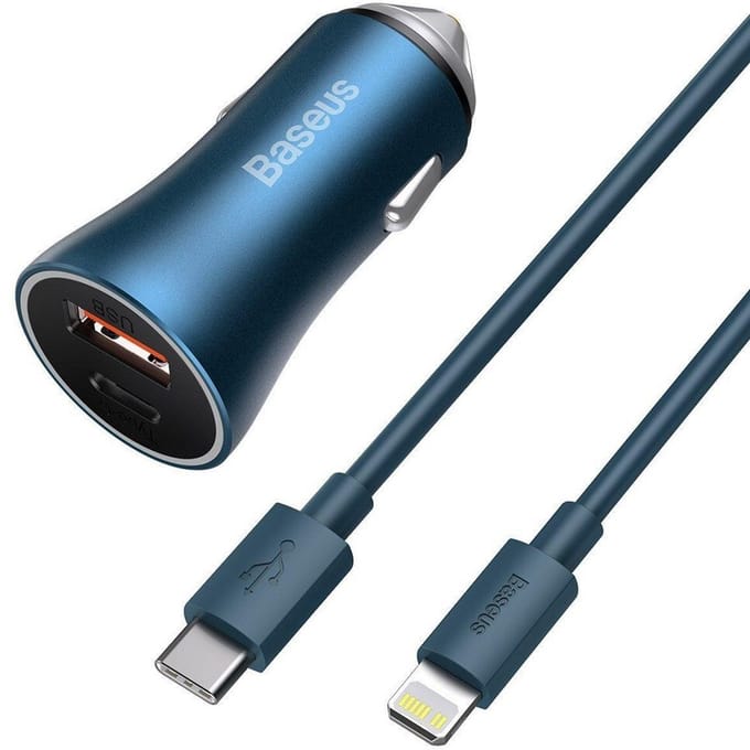 Baseus Golden Contactor Pro car charger USB + USB-C QC4.0+ PD SCP 40W (blue) + USB-C - Lightning cable 1m (blue)