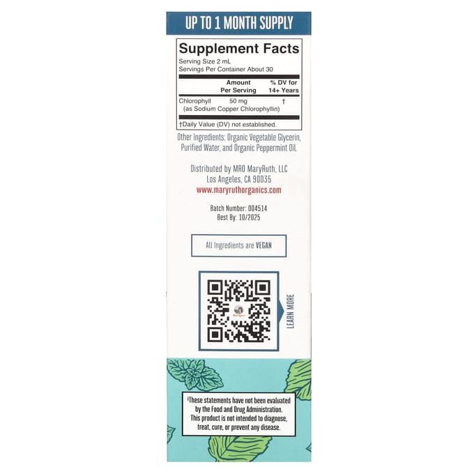MaryRuth's, Vegan Chlorofyl Vloeibare Druppels, Pepermunt, 50 mg, 2 fl oz (60 ml)