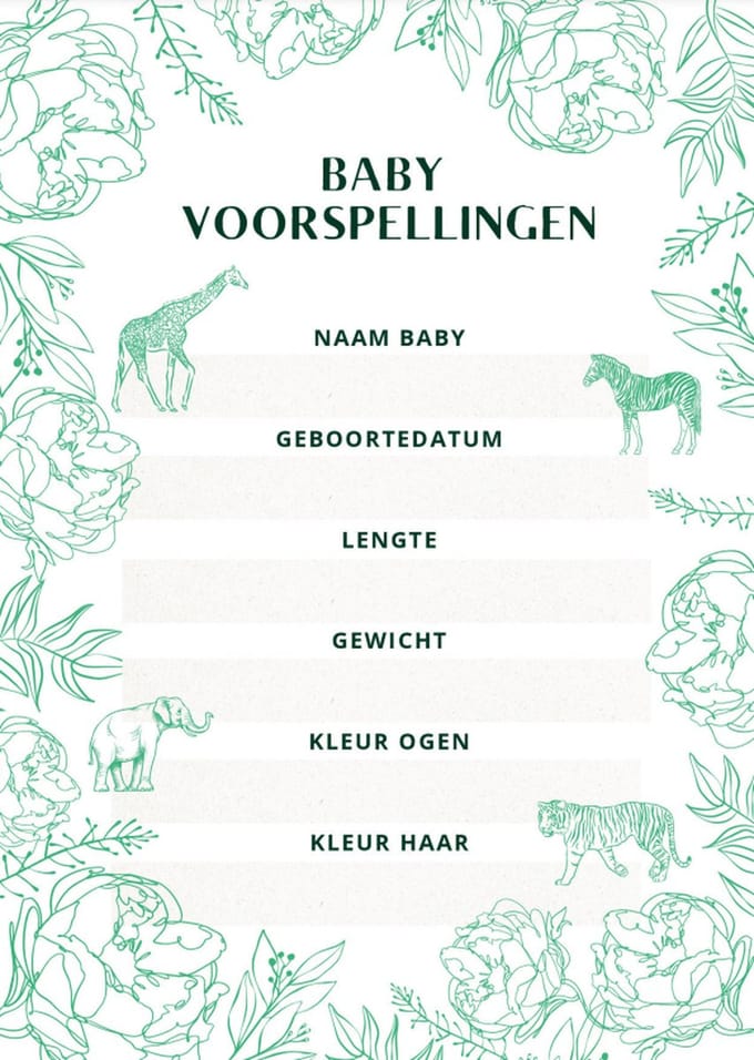 Babyshower invulkaarten - voorspellingskaarten - planten - dieren - 25 stuks