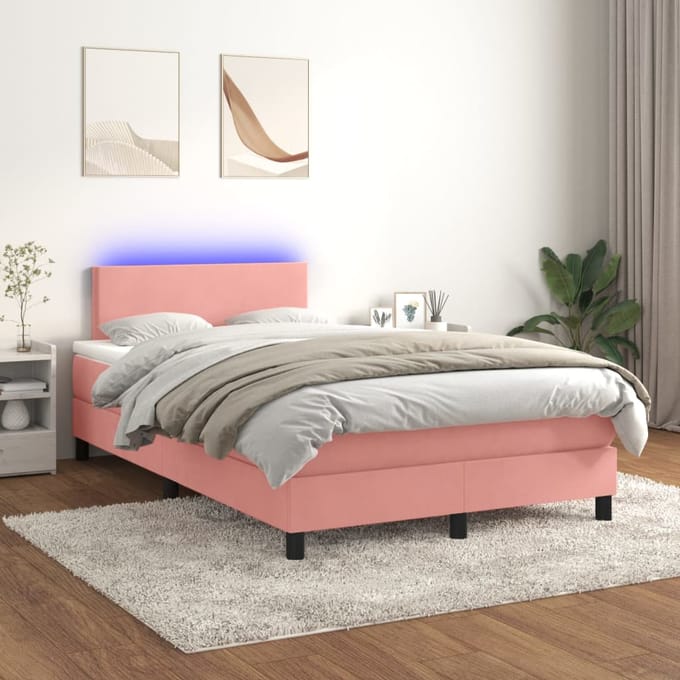 vidaXL - Boxspring - met - matras - en - LED - fluweel - roze - 120x200 - cm